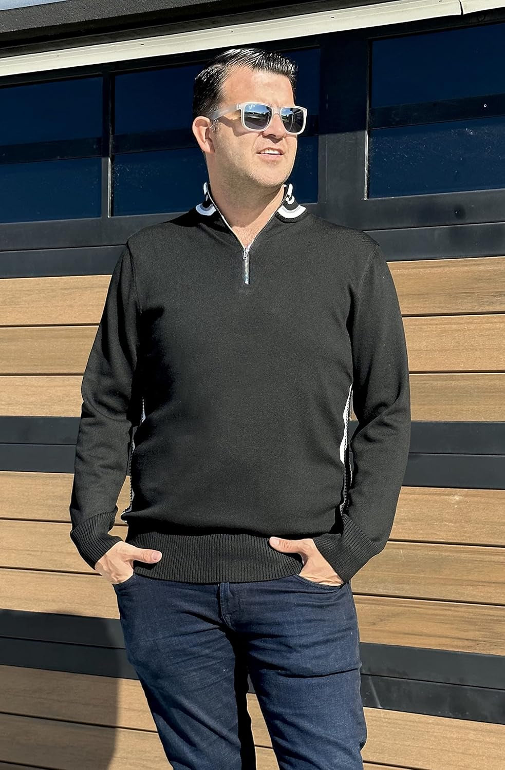 Men'S Quarter Zip Pullover Sweater Casual Slim Fit Striped Polo Sweaters